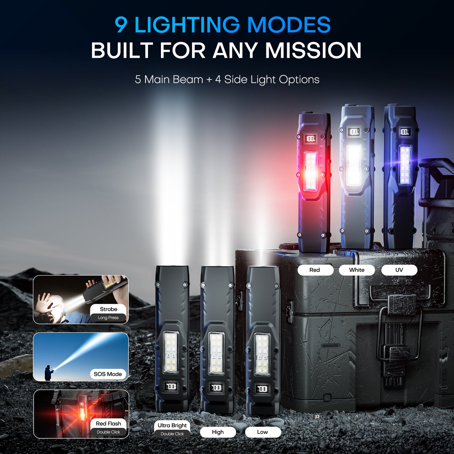 EDC Tactical Flashlight,1500 Lumen Flat Flashlights Rechargeable,Dual-Switches LED Small Flashlight with Digital Display,Stainless Steel 8 Modes Pocket Flash light for Home, Camping,and Emergency Use