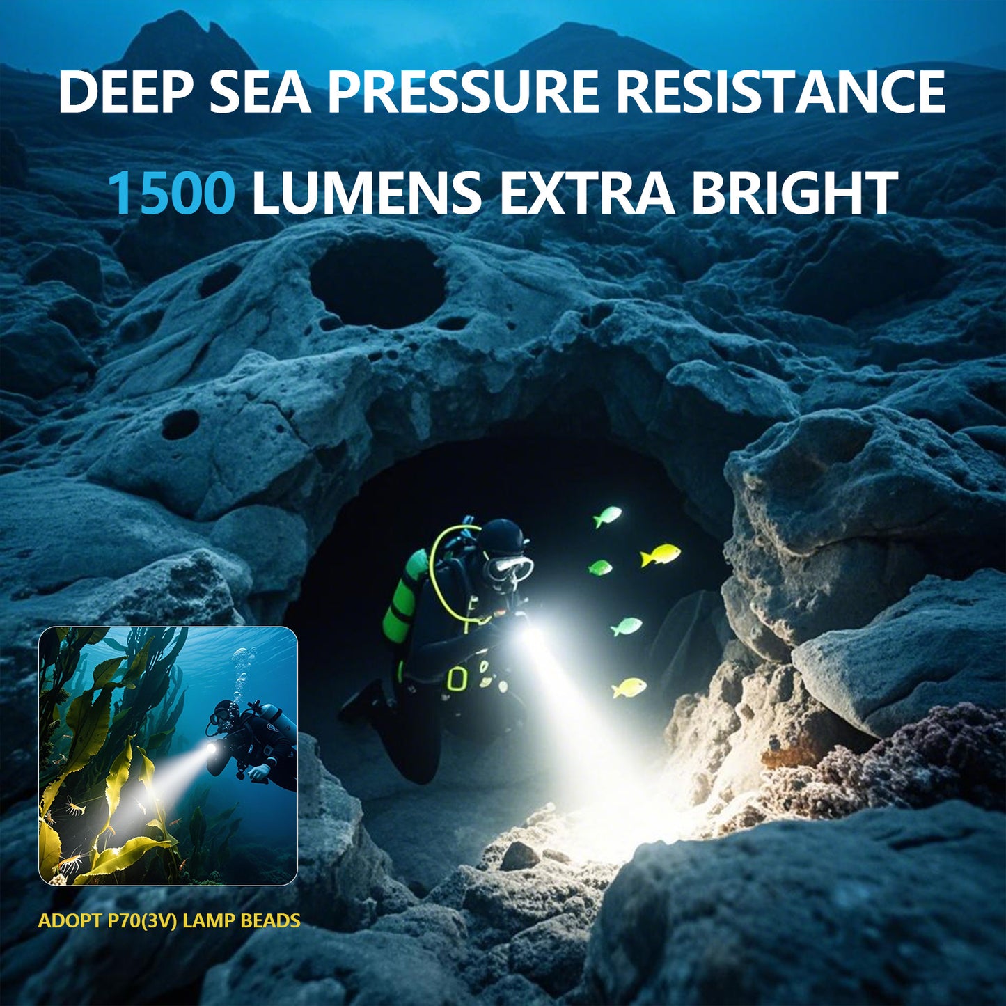 Rechargeable Diving Flashlight - 2000 Lumens IPX8 120M Waterproof Dive Light with Low-Voltage Protection, 3 Modes for Scuba Diving, Cave Diving & Emergency