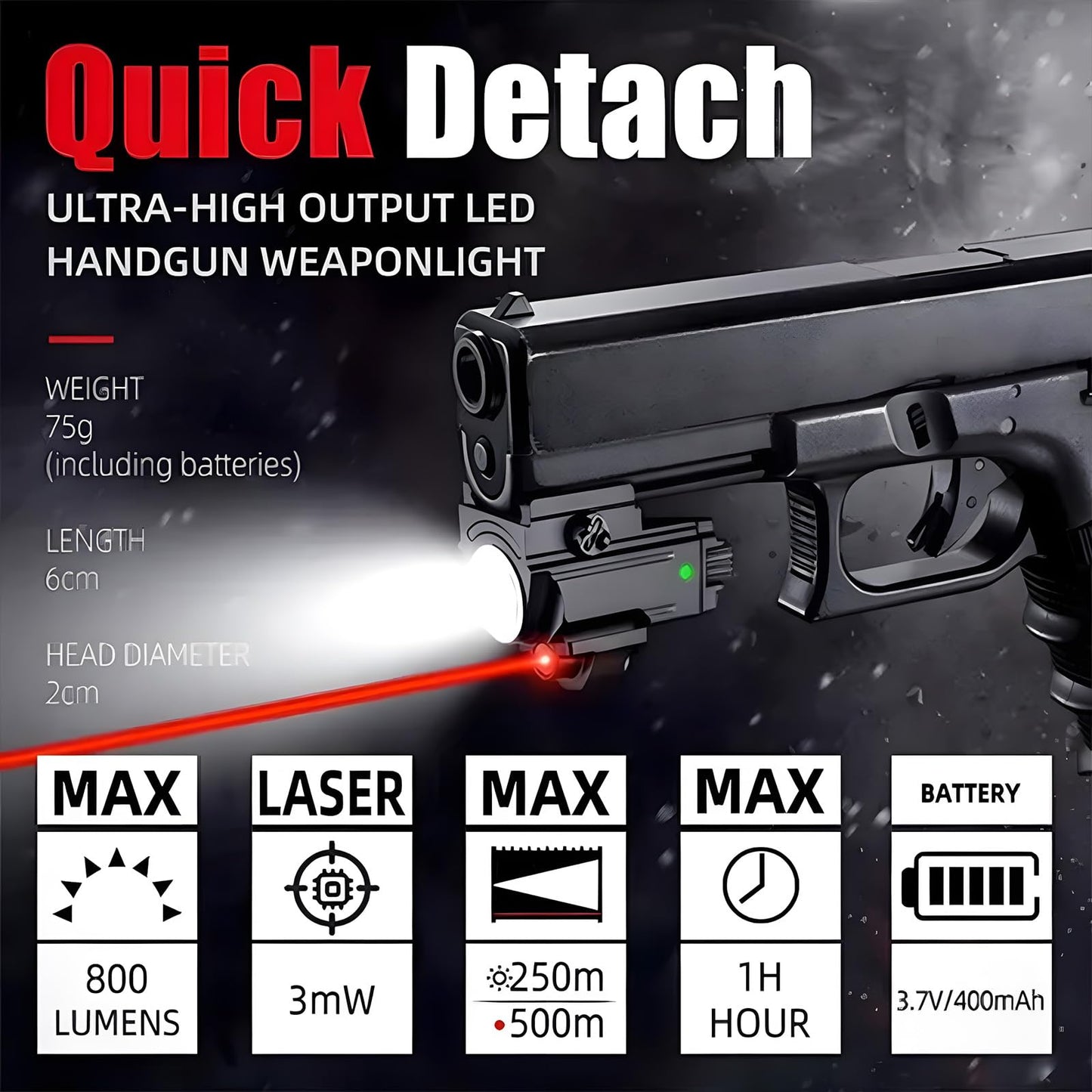 Pistol Light with Red Laser – Rechargeable 800 Lumens Gun Light for Handguns, Fits Glock & Picatinny Rail, 5 Modes Gun Flashlight, Tactical Pistol Flashlight with Battery Indicator