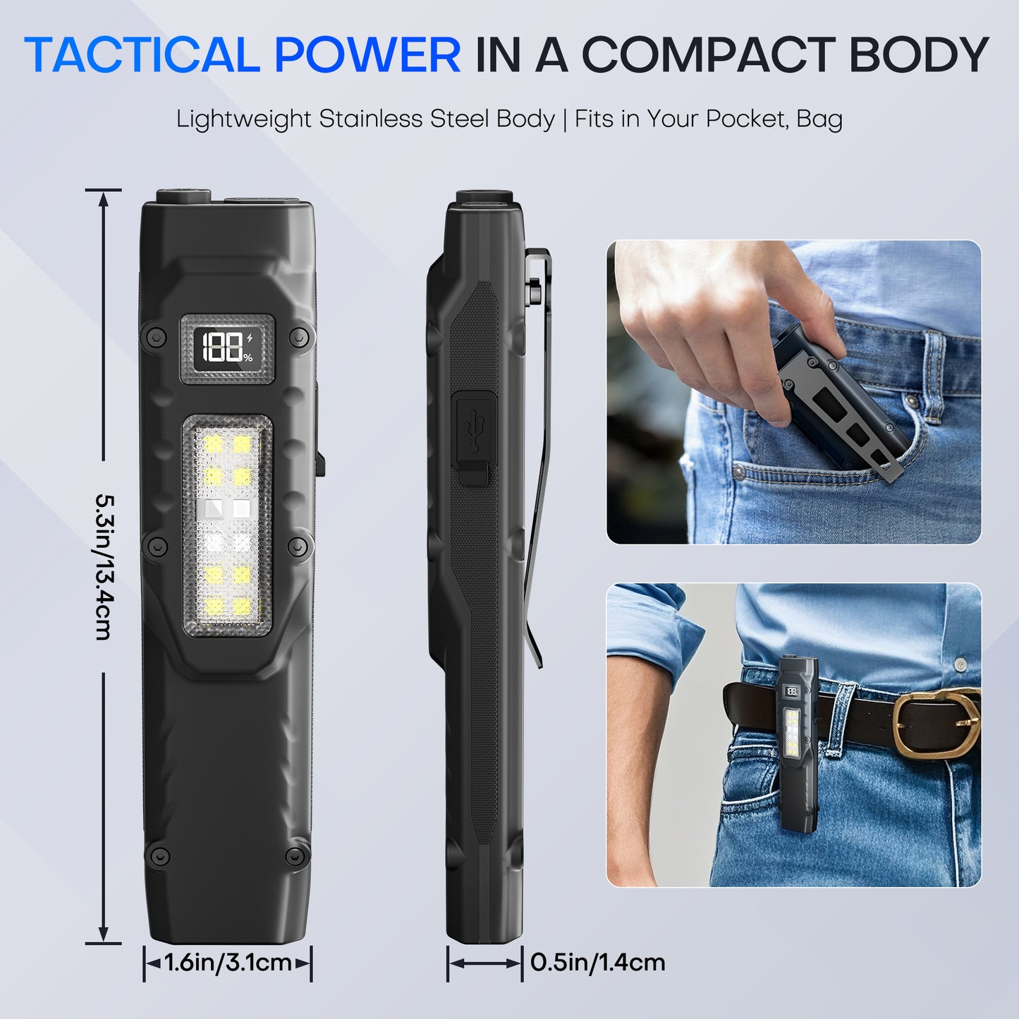 EDC Tactical Flashlight,1500 Lumen Flat Flashlights Rechargeable,Dual-Switches LED Small Flashlight with Digital Display,Stainless Steel 8 Modes Pocket Flash light for Home, Camping,and Emergency Use