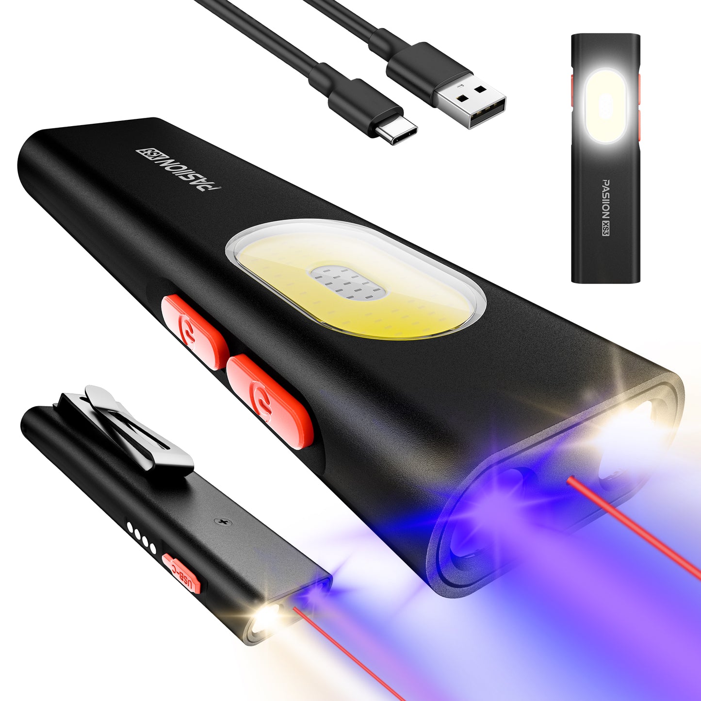 Rechargeable Flat EDC Flashlight, Pocket Flash Light – Small LED Light with UV, Red Laser, Magnetic Base, USB-C Charging, Dual Switch for Camping, Repair, Emergency